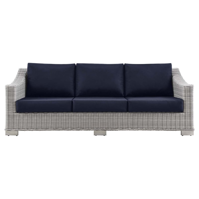 Modway Conway Modern Wicker / Rattan Patio Sofa in Light Gray/Navy