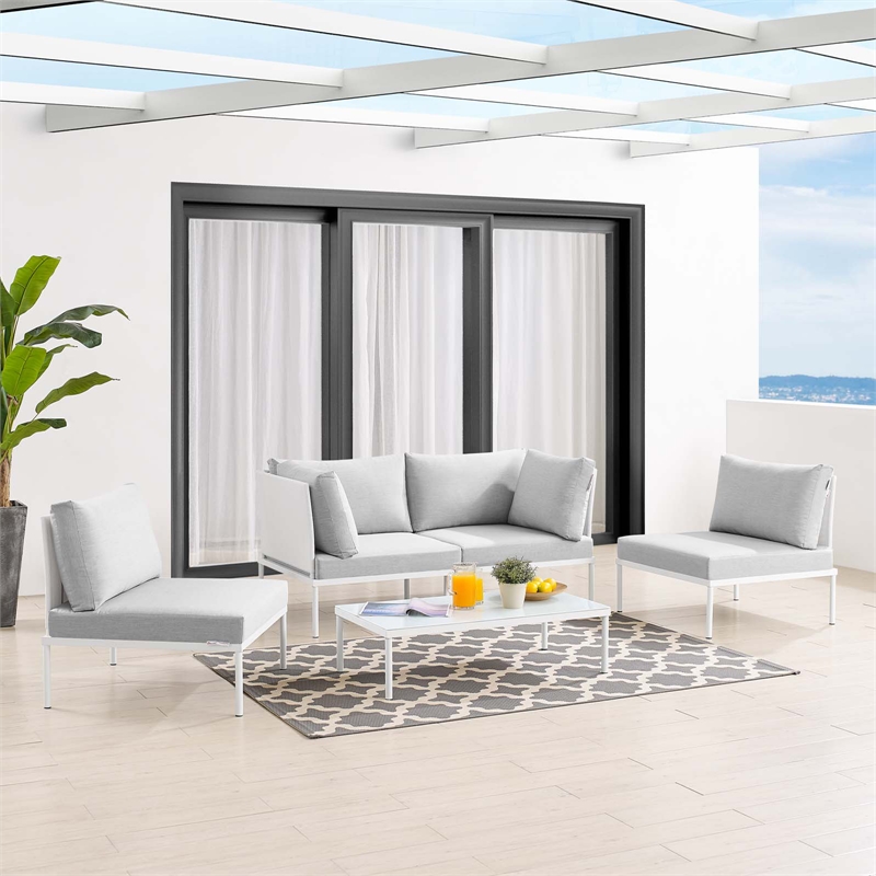 Modway Harmony 4-Piece Aluminum & Fabric Patio Seating Set in White/Gray