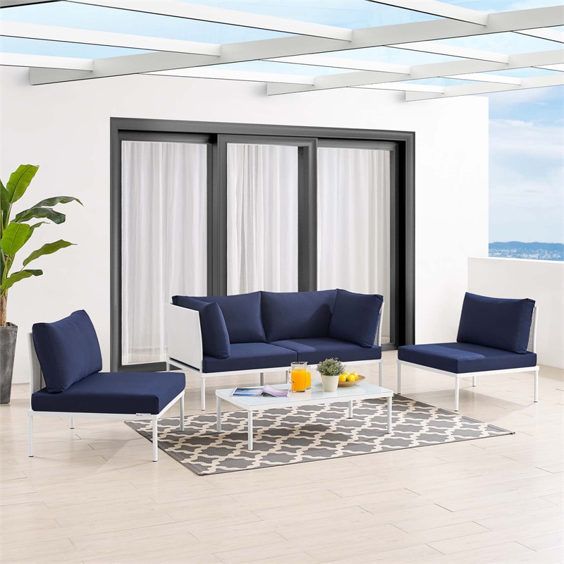 Modway Harmony 4-Piece Aluminum & Fabric Patio Seating Set in White/Navy