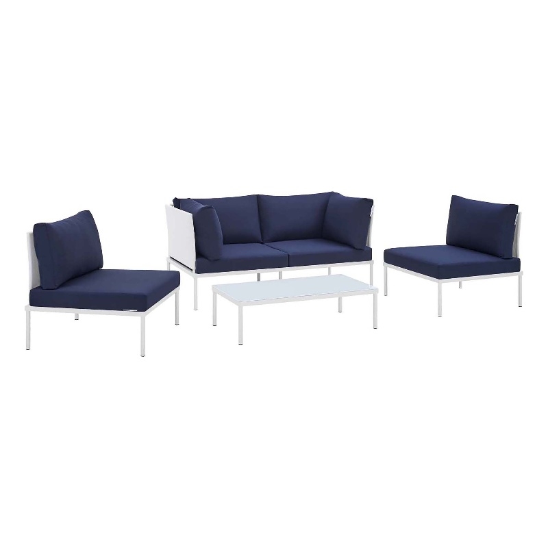 Modway Harmony 4-Piece Aluminum & Fabric Patio Seating Set in White/Navy
