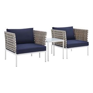 Modway Harmony 3-Piece Fabric Basket Weave Patio Seating Set in Tan/Navy