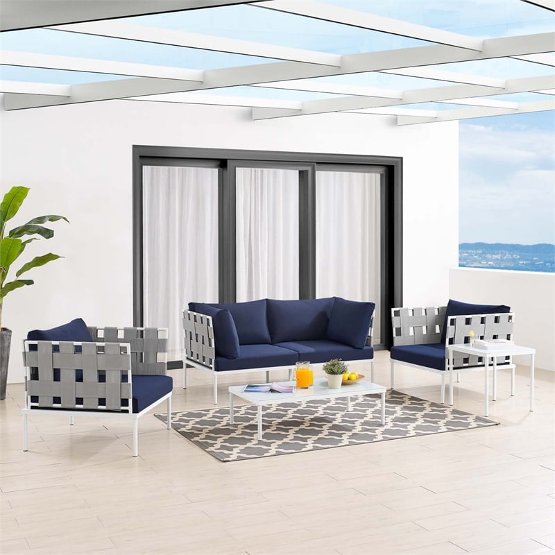 Modway Harmony 5-Piece Fabric & Aluminum Patio Furniture Set in Navy/Gray