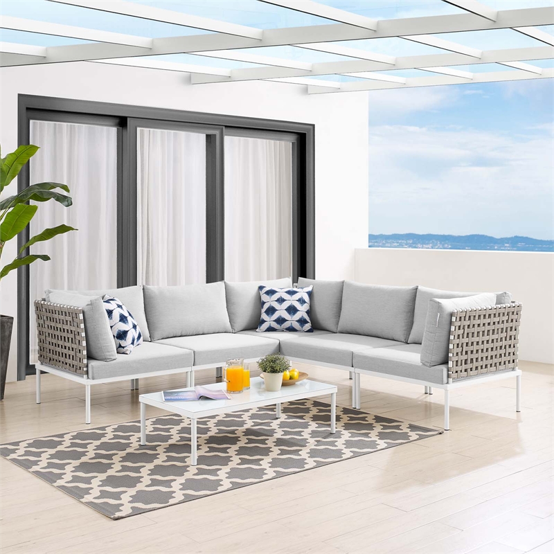 Modway Harmony 6-Piece Fabric Basket Weave Patio Sectional Sofa Set in Tan/Gray