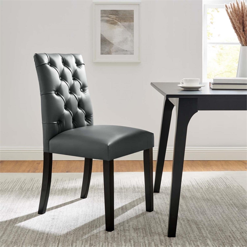 Modway Duchess Solid Wood and Button Tufted Vegan Leather Dining Chair in Gray