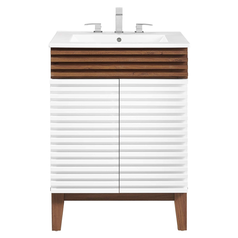 Modway Render Modern Style Wood Bathroom Vanity in White/Walnut