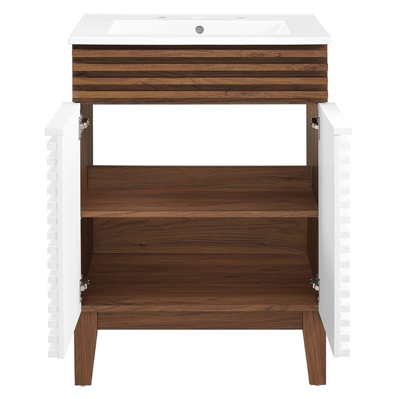 Modway Render Modern Style Wood Bathroom Vanity in White/Walnut