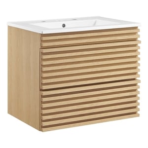 Modway Render 24.5&quot MDF Wood Wall-Mount Bathroom Vanity in Oak/White