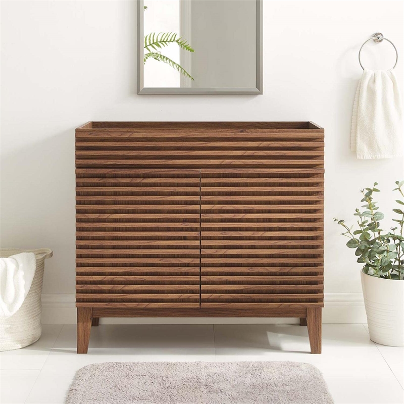 modway render 35&quot mdf and particleboard bathroom vanity cabinet in walnut