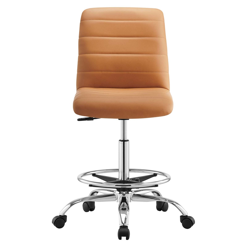 Modway Ripple Vegan Leather and Metal Armless Drafting Chair in Silver/Tan