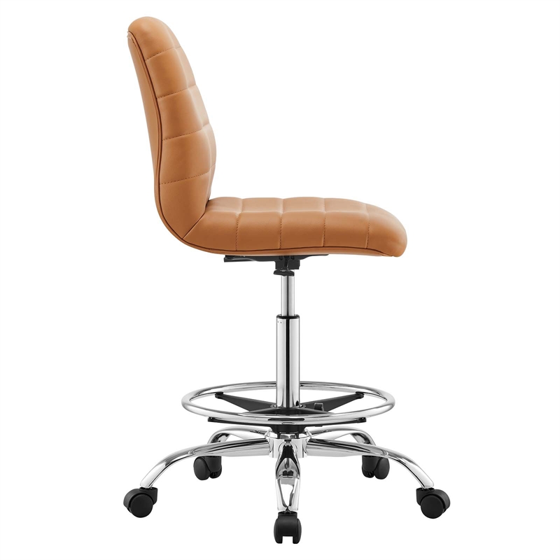 Modway Ripple Vegan Leather and Metal Armless Drafting Chair in Silver/Tan