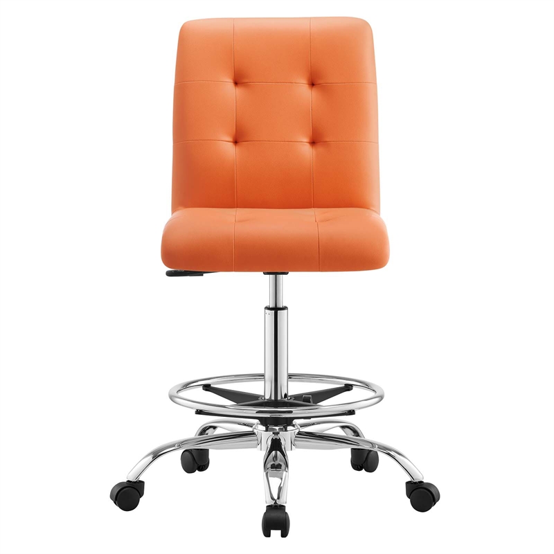 Modway Prim Metal Vegan Leather Armless Drafting Chair in Silver/Orange