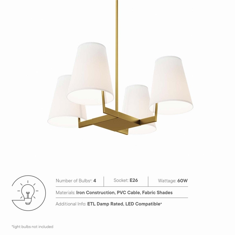 Modway Mercer 4-Light Metal and Fabric Pendant Light in White/Satin Brass