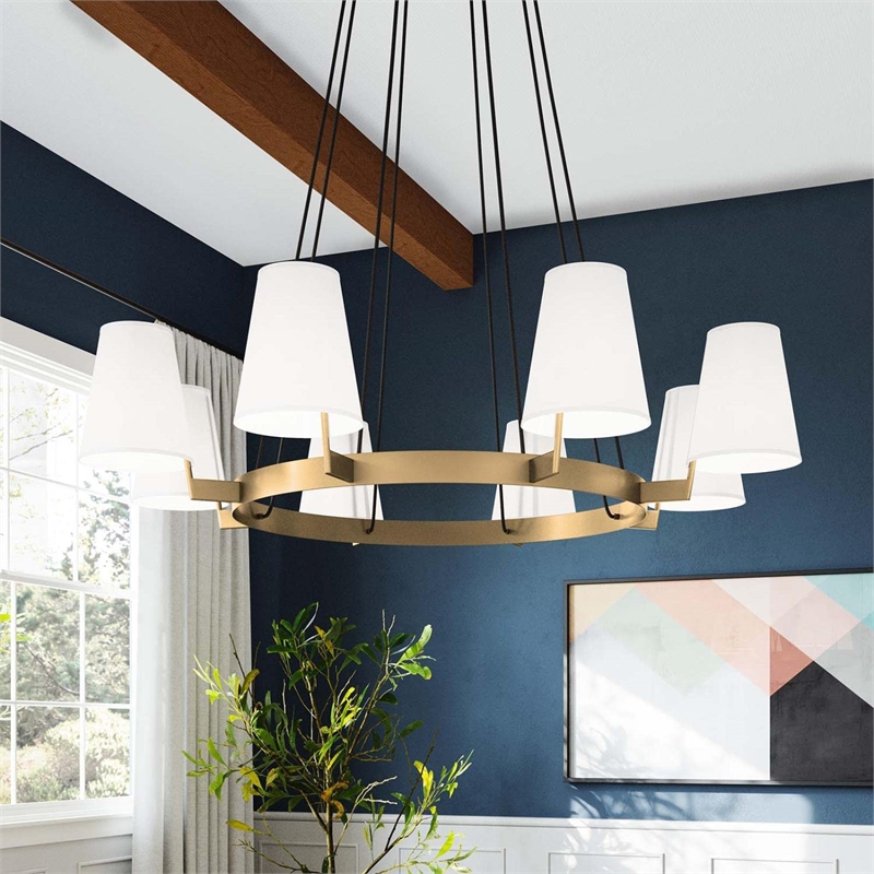 Modway Surround 8-Light Metal and Fabric Chandelier in White/Satin Brass