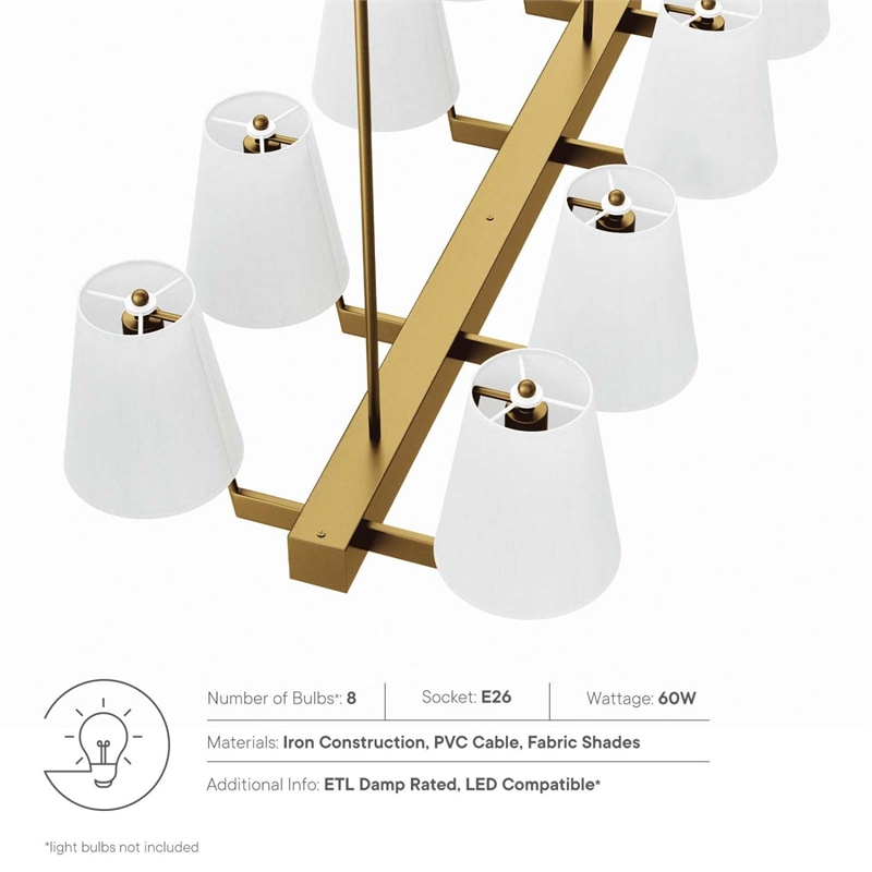 Modway Enthrall 8-Light Metal and Fabric Chandelier in White/Satin Brass
