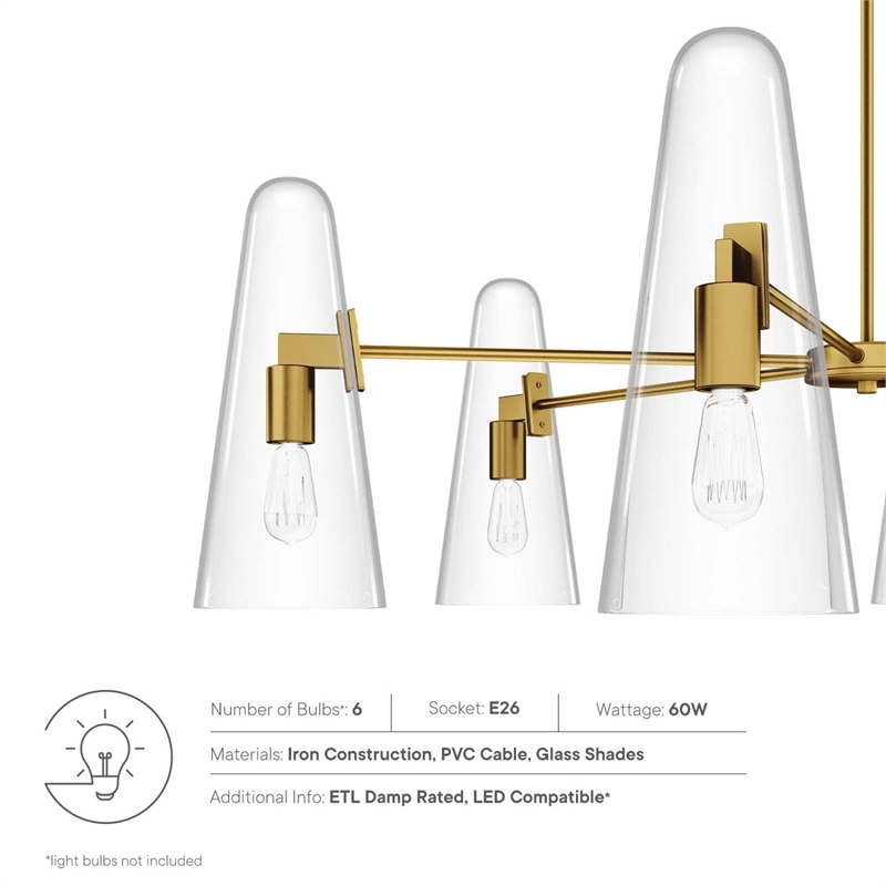 Modway Beacon 6-Light Metal and Glass Chandelier in Clear/Satin Brass