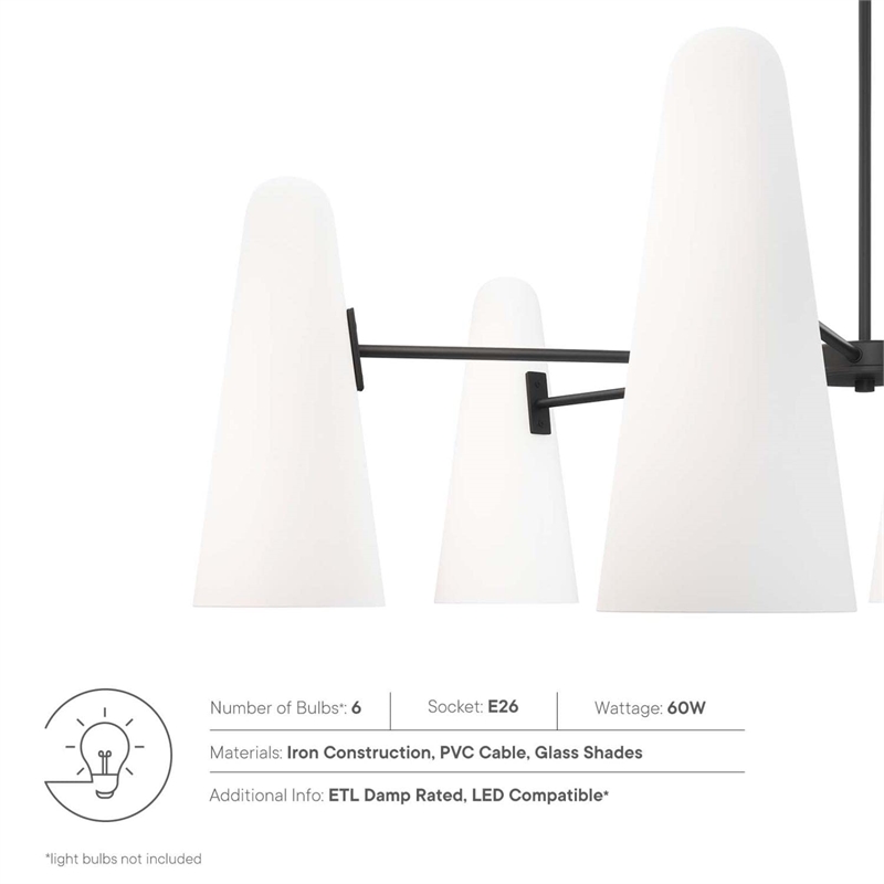 Modway Beacon 6-Light Metal and Glass Chandelier in Opal/Black