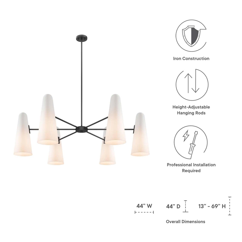 Modway Beacon 6-Light Metal and Glass Chandelier in Opal/Black