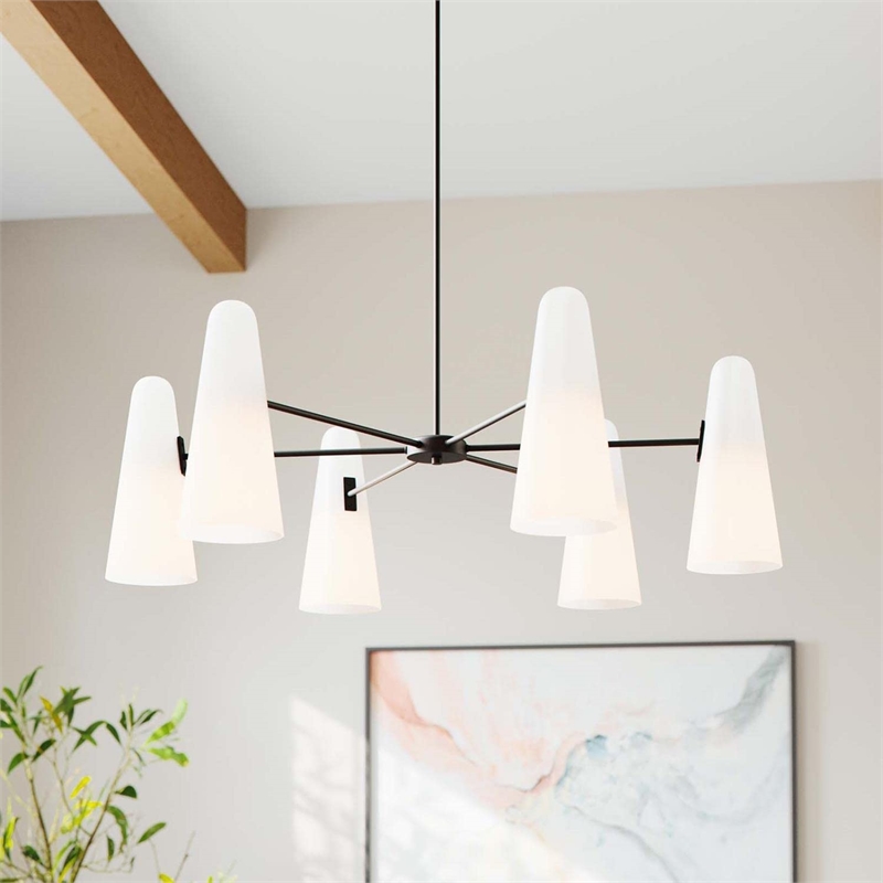 Modway Beacon 6-Light Metal and Glass Chandelier in Opal/Black