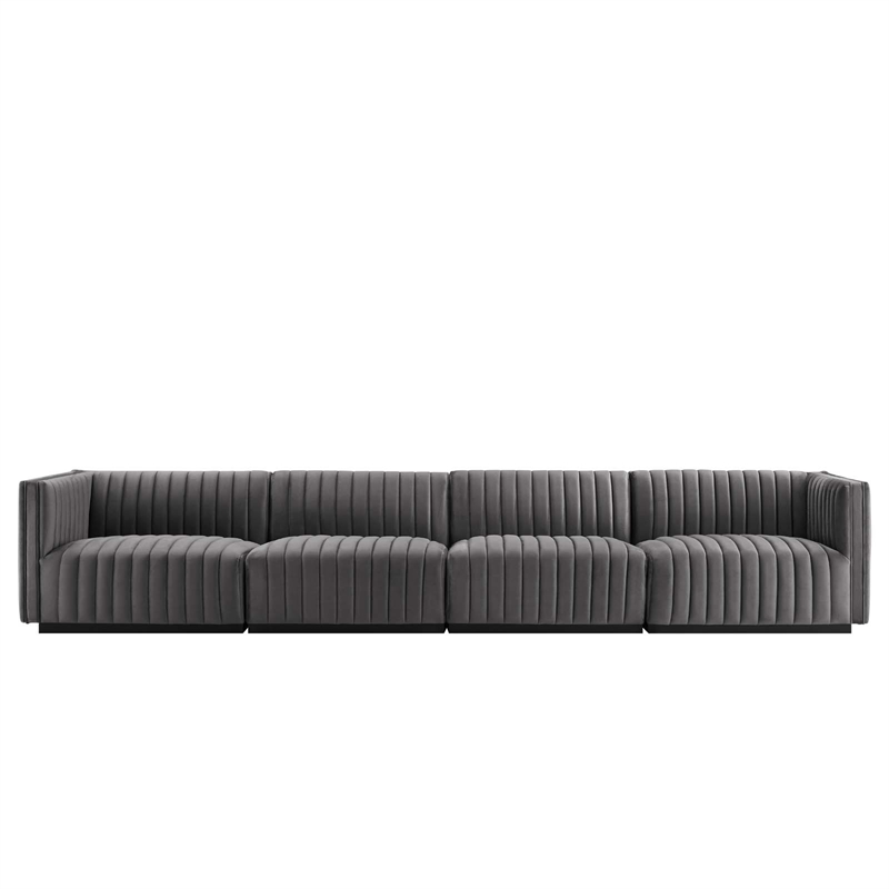 Modway Conjure 4-Piece Channel Tufted Performance Velvet Sofa in Black/Gray