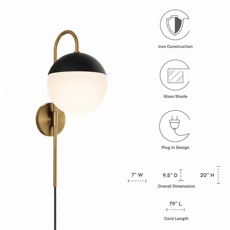 Modway Stellar 1-Light Metal and Glass Wall Sconce in Opal and Satin Brass