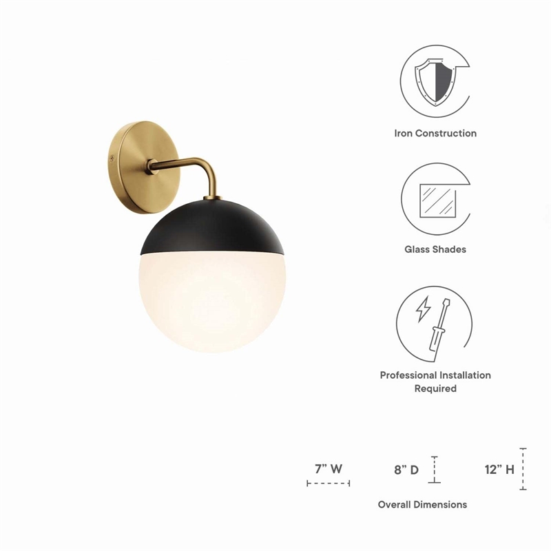Modway Stellar 1-Light Metal and Glass Wall Sconce in Opal/Satin Brass