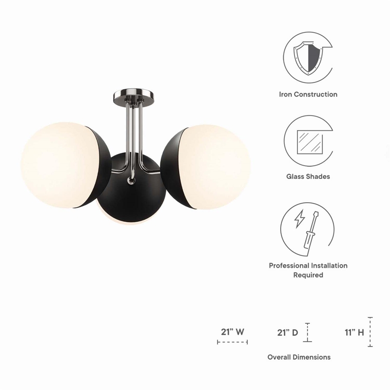 Modway Stellar 3-Light Metal and Glass Semi-Flush Ceiling Light in Opal/Nickel