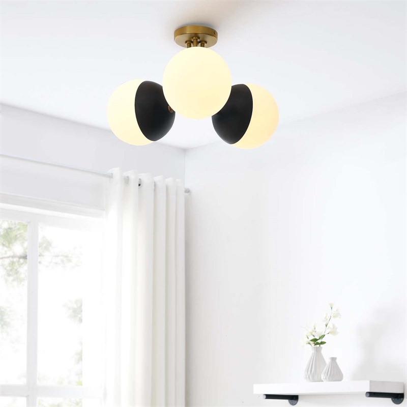 Modway Stellar 3-Light Metal and Glass Semi-Flush Ceiling Light in Opal/Brass