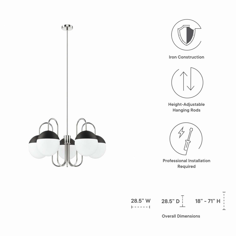 Modway Stellar 5-Light Metal and Glass Chandelier in Opal/Polished Nickel