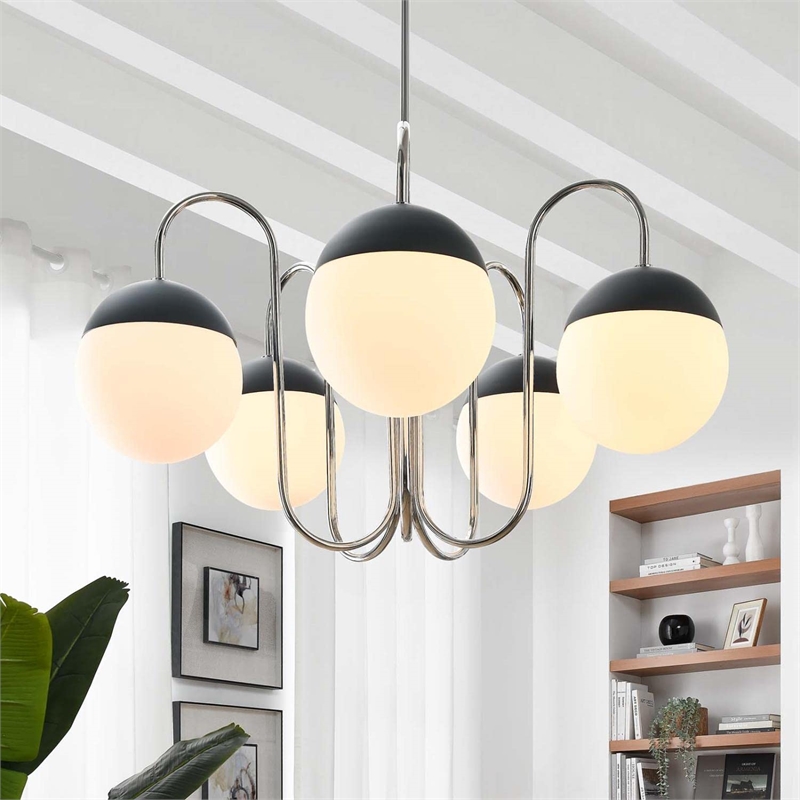 Modway Stellar 5-Light Metal and Glass Chandelier in Opal/Polished Nickel