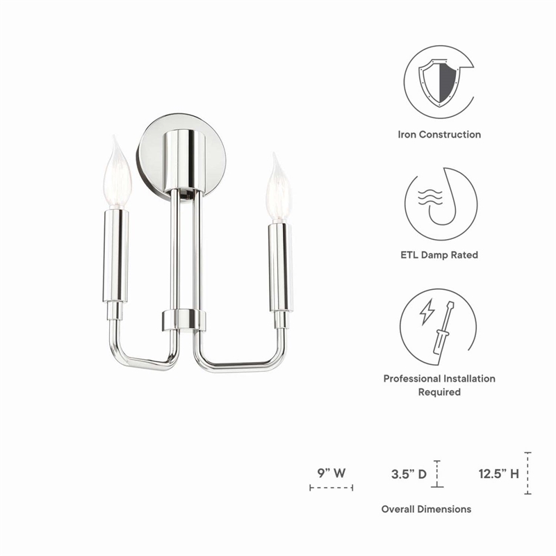 Modway Rekindle 2-Light Iron Metal Wall Sconce in Polished Nickel