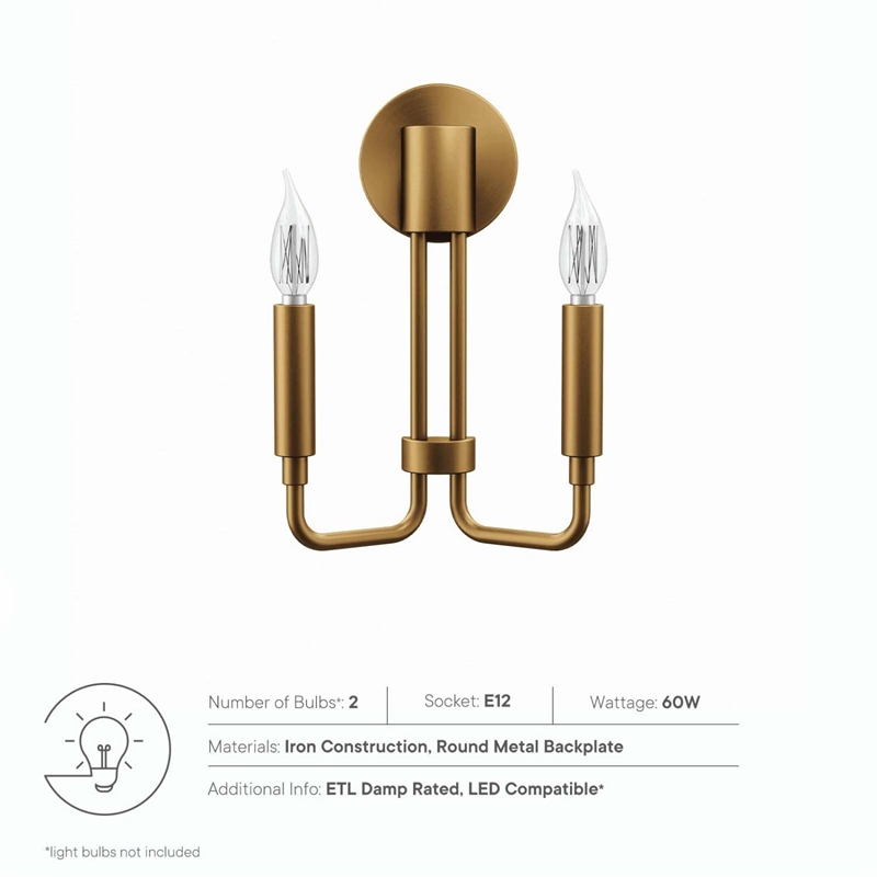 Modway Rekindle 2-Light Iron Metal Wall Sconce in Satin Brass