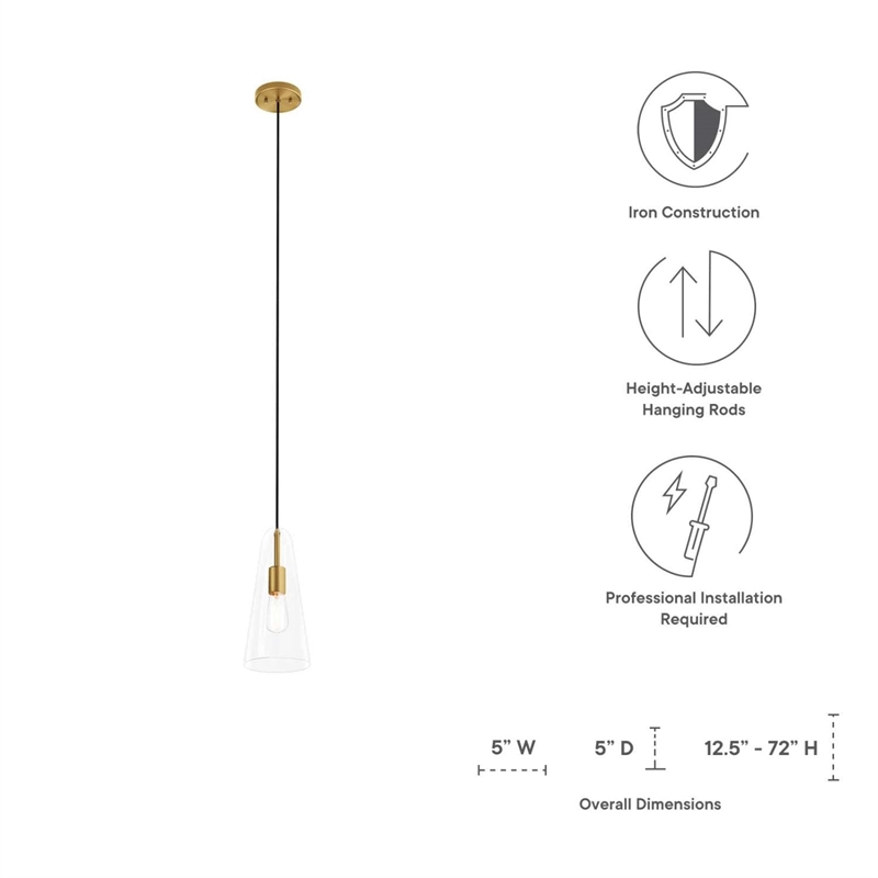 Modway Beacon 1-Light Metal and Glass Pendant Light in Clear/Satin Brass