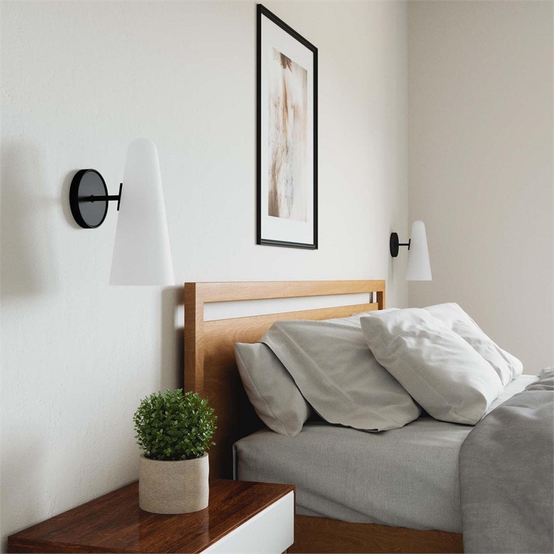 Modway Beacon 1-Light Metal and Glass Wall Sconce in Opal/Black
