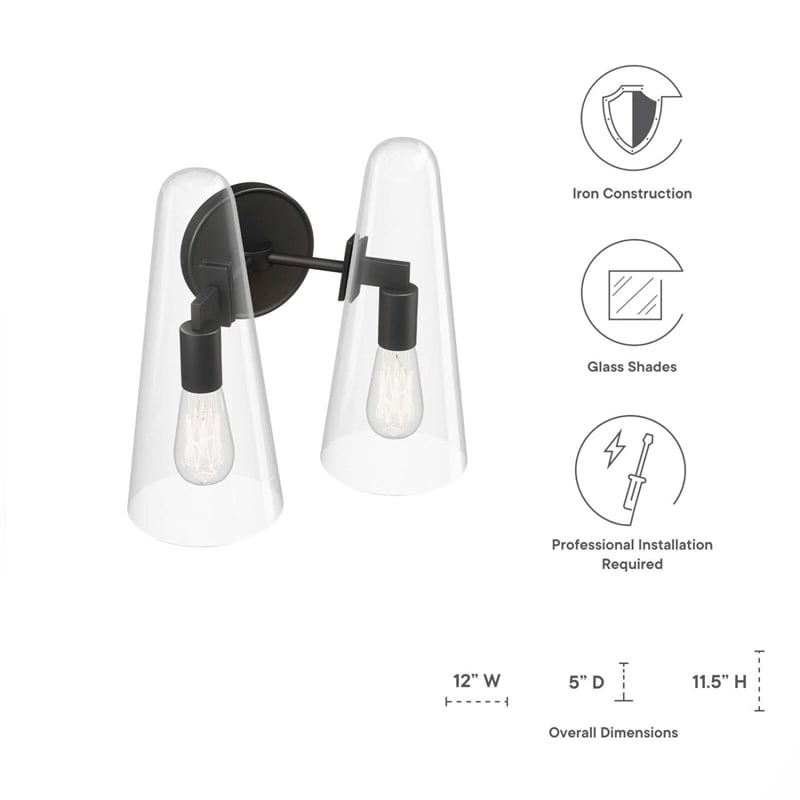 Modway Beacon 2-Light Metal and Glass Wall Sconce in Clear/Black
