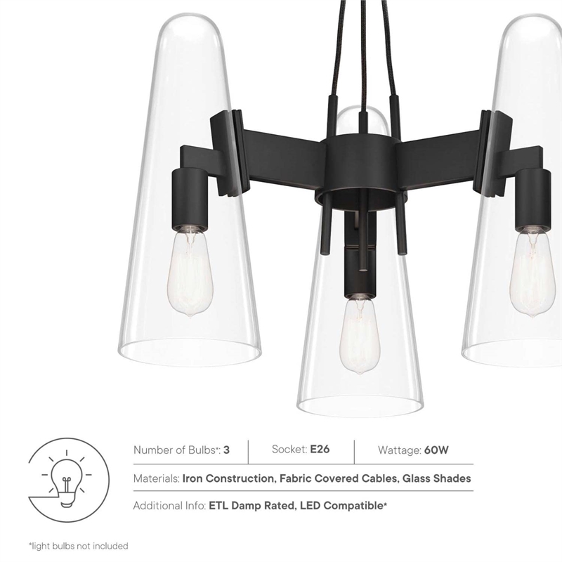 Modway Beacon 3-Light Metal and Glass Pendant Light in Clear/Black