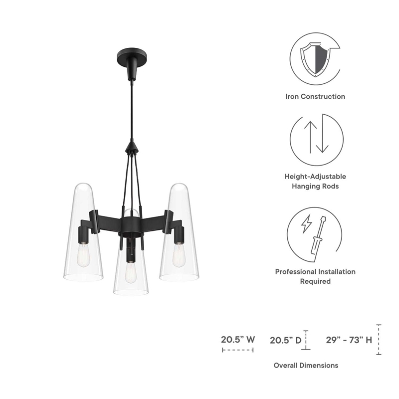 Modway Beacon 3-Light Metal and Glass Pendant Light in Clear/Black