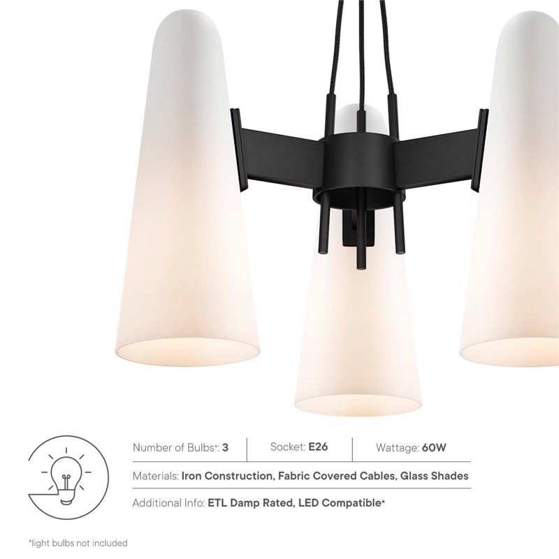 Modway Beacon 3-Light Metal and Glass Pendant Light in Opal/Black