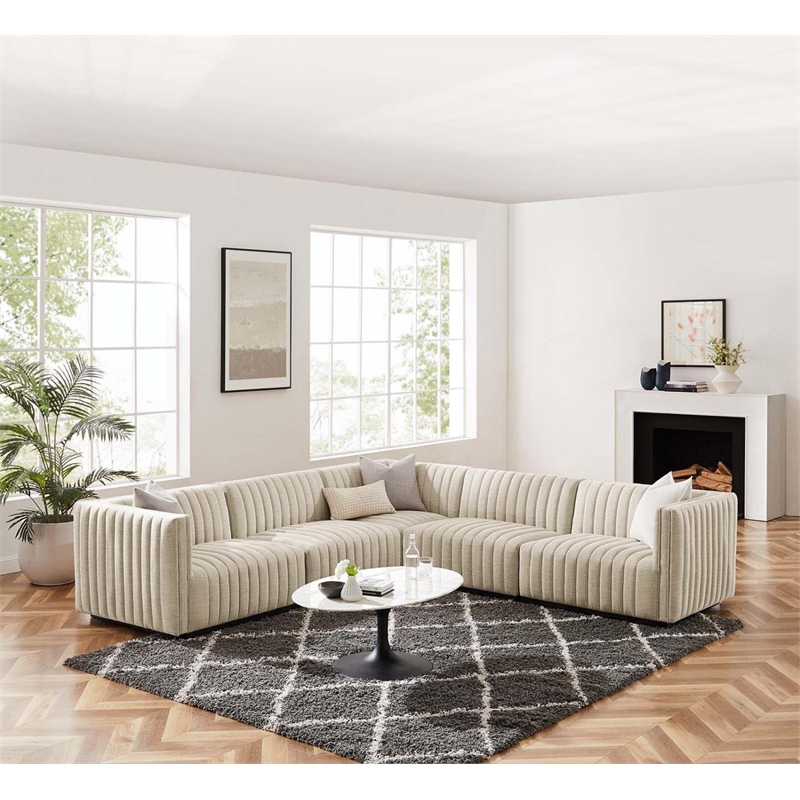 Modway Conjure 5Pcs L-Shaped Channel Tufted Fabric Sectional in Beige/Black