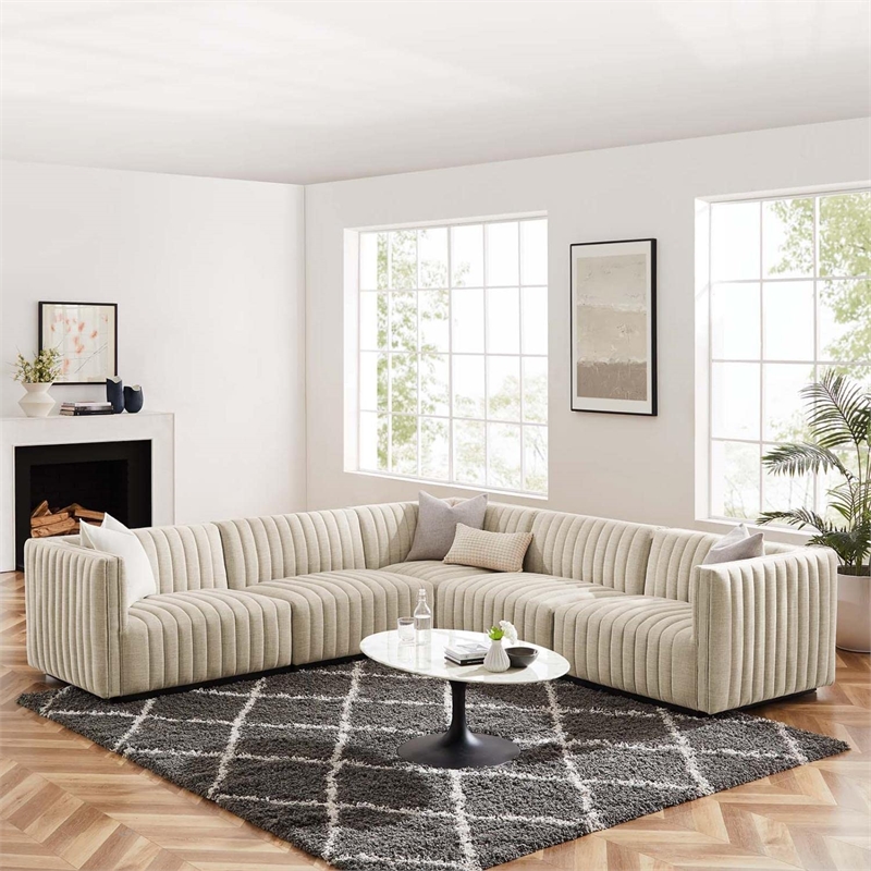 Modway Conjure 5Pcs L-Shaped Channel Tufted Fabric Sectional in Black/Beige
