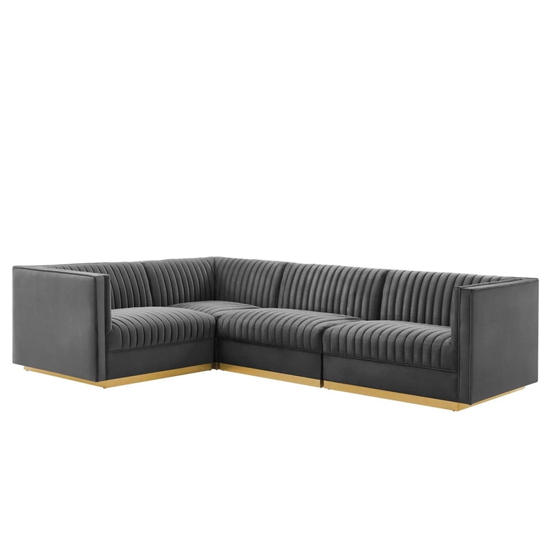 Modway Sanguine 4-Piece Velvet Left-Facing Modular Sectional Sofa in Gray