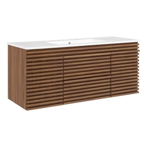Modway Render 48&quot Wood Wall-Mount Bathroom Vanity - Walnut/White