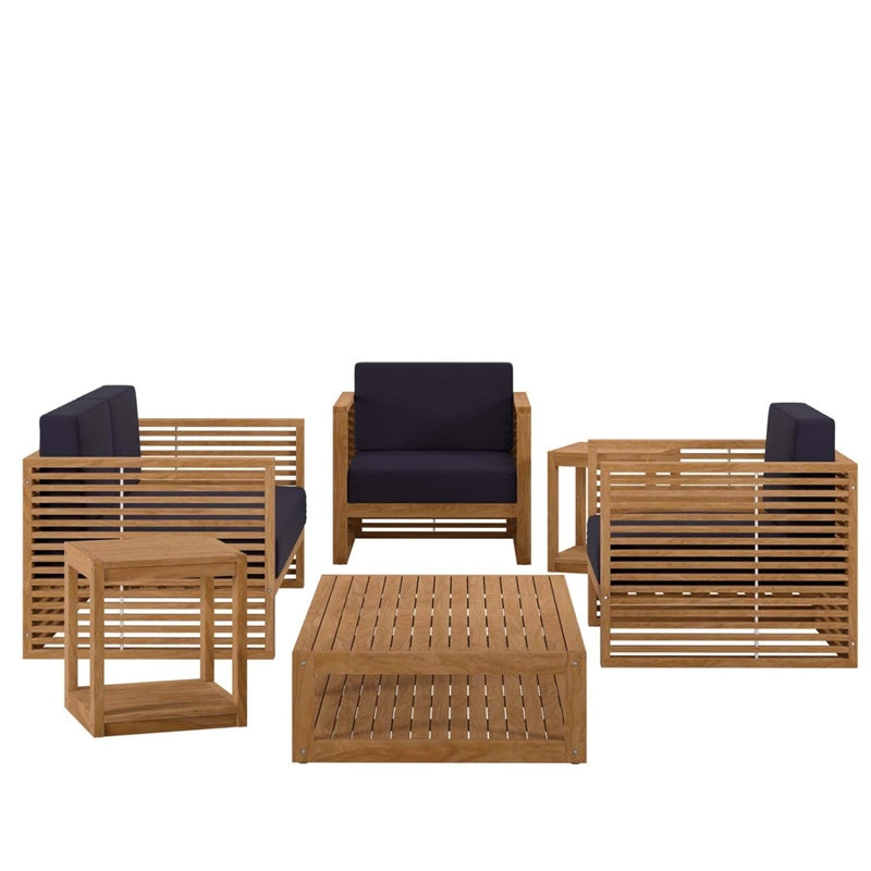 Modway Carlsbad 6-Piece Teak Wood Outdoor Patio Set in Natural/Navy