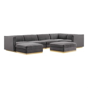 Modway Sanguine 7-Piece Velvet Right-Facing Modular Sectional Sofa in Gray