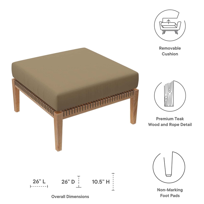 Modway Clearwater Teak Wood and Fabric Outdoor Ottoman in Gray/Light Brown