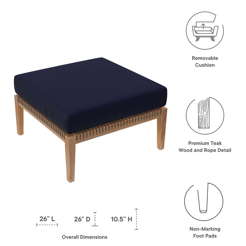 Modway Clearwater Teak Wood and Fabric Outdoor Ottoman in Gray/Navy
