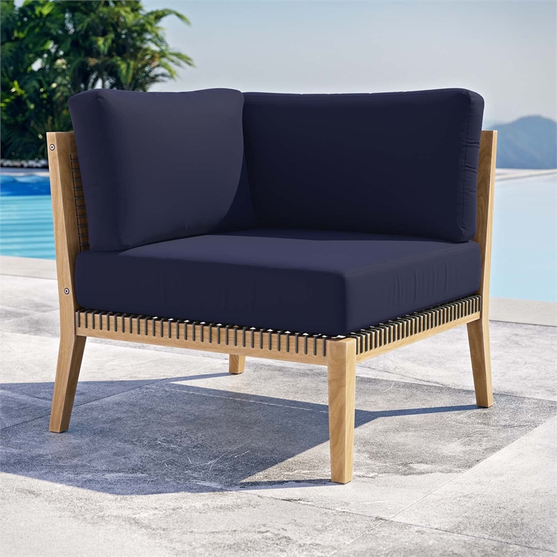 Modway Clearwater Teak Wood and Fabric Outdoor Corner Chair in Gray/Navy