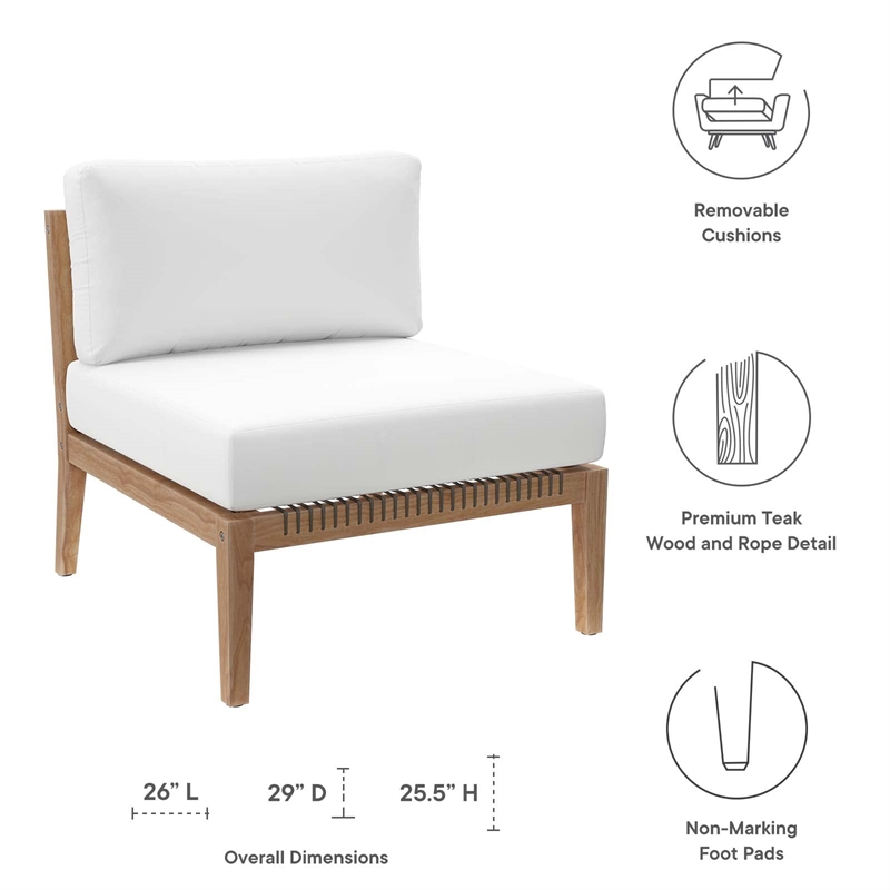 Modway Clearwater Teak Wood and Fabric Outdoor Armless Chair in Gray/White