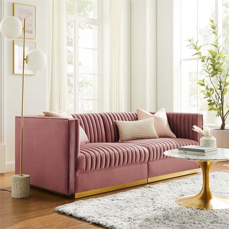 Modway Sanguine Velvet Modular Sectional Sofa Loveseat in Dusty Rose Pink