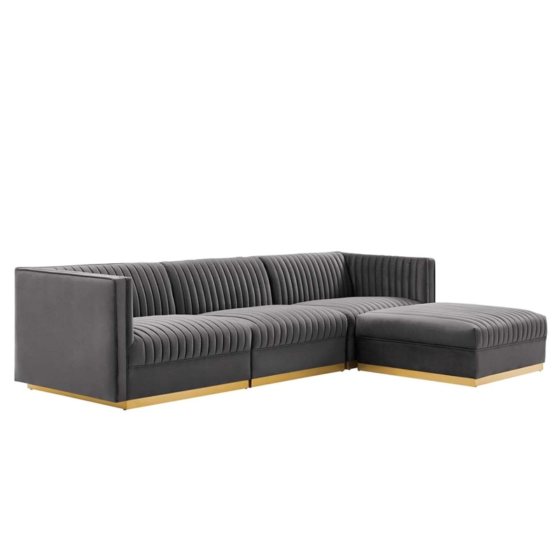 Modway Sanguine 4-Piece Velvet Modular Sectional Sofa in Gray