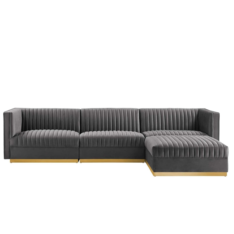 Modway Sanguine 4-Piece Velvet Modular Sectional Sofa in Gray